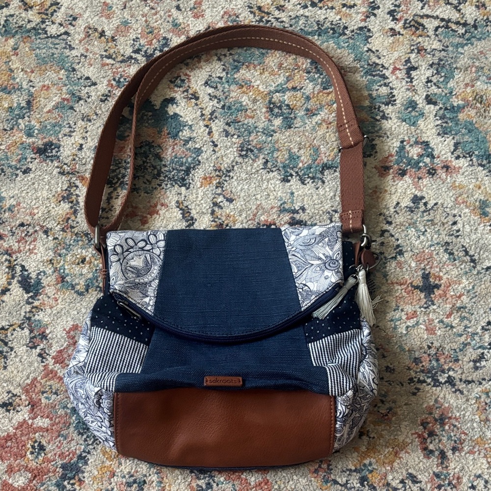 Sakroots Navy and Brown Floral Shoulder Bag
